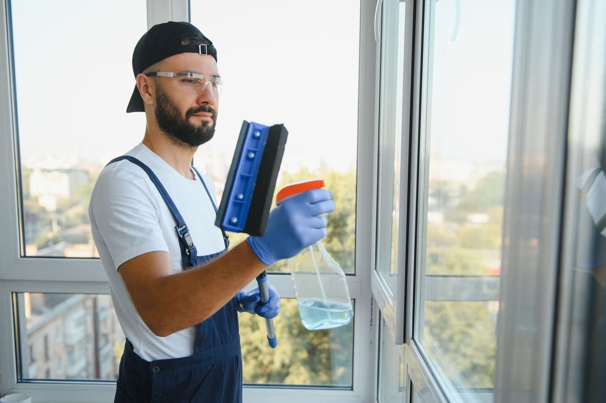 Mitarbeiter bei Fensterreinigung im Einsatz in Emmering